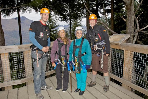 Mrs Oxenham gets ready to zip with daughter Sally Platt and Ziptrek guides Greg Howard and Jenny Diggle